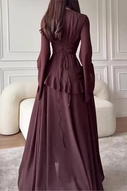 Round Neck Flare Sleeve Ruffled Solid Color Maxi Dresses