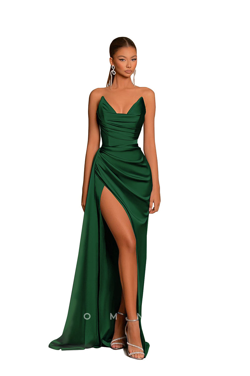 P1227 - Chic Strapless V-Neck Pleats Sleeveless Long Formal Evening Prom Dress with Slit