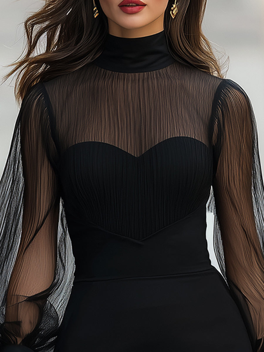 Elegant Sheer Mesh Lantern-Sleeve Bodycon Mini Dress