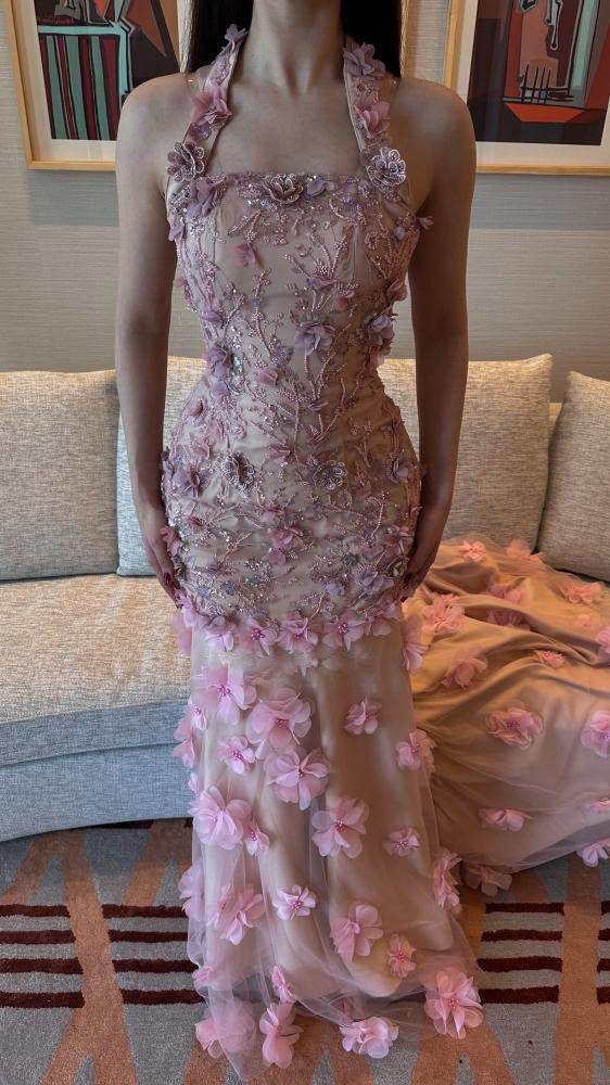 Exquisite Halter Sleeveless Backless Flowers Applique Mermaid Floor-Length Evening Dress