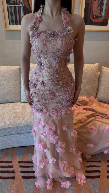 Exquisite Halter Sleeveless Backless Flowers Applique Mermaid Floor-Length Evening Dress