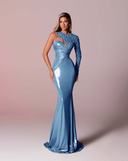 Asymmetric Neckline Single-Sided Long Sleeve Long Mermaid Prom Dress