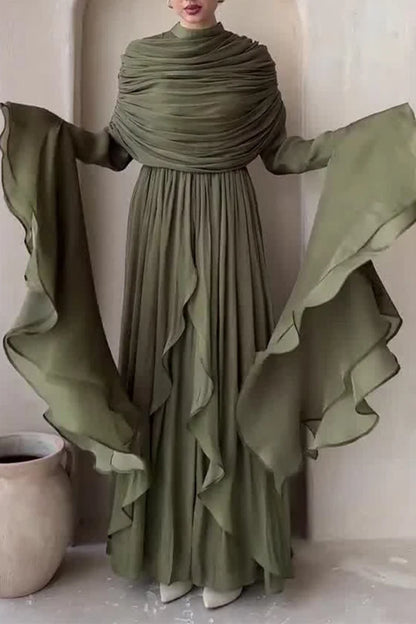 Draped Shoulder Pleated Slit Ruffled Trim Bell Sleeve Maxi Dress