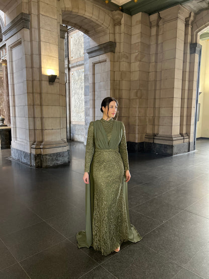 Celadon Column Beaded High Neck Long Sleeves Evening Dress