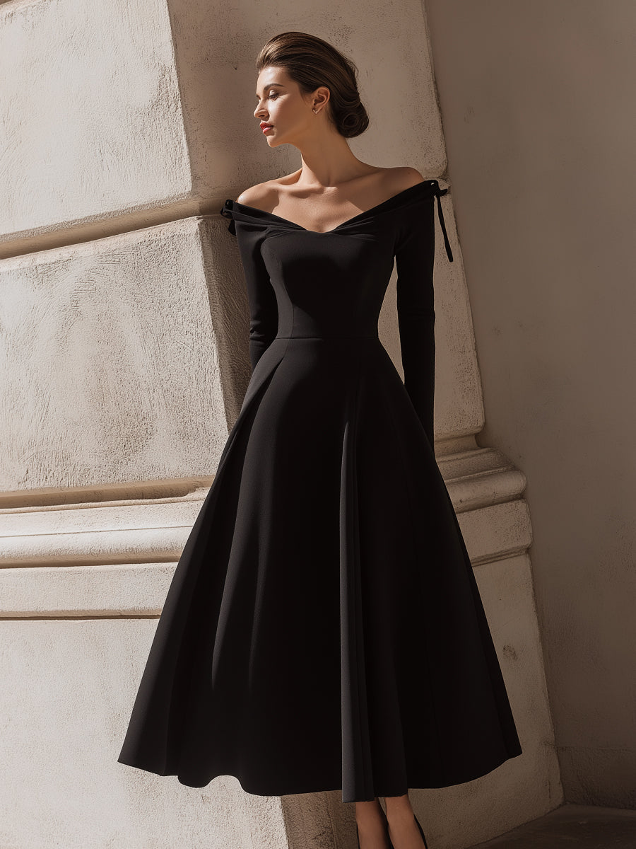 Off-Shoulder Bow Detail Black Midi Dress