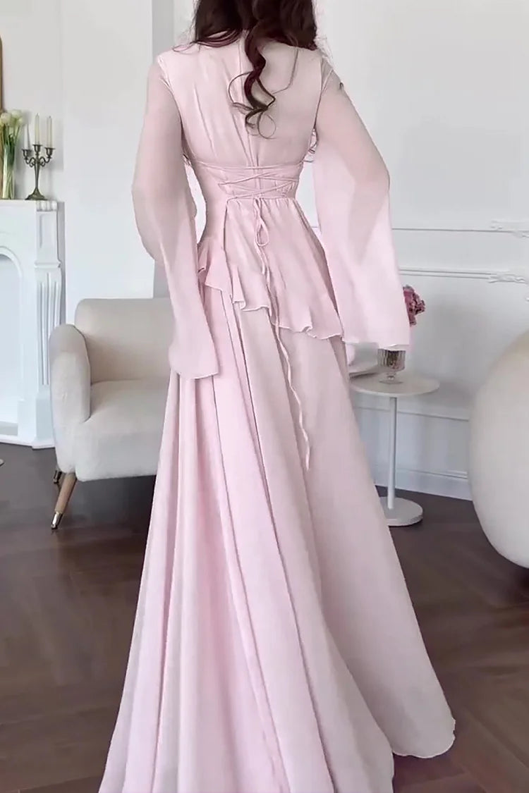 Round Neck Flare Sleeve Ruffled Solid Color Maxi Dresses