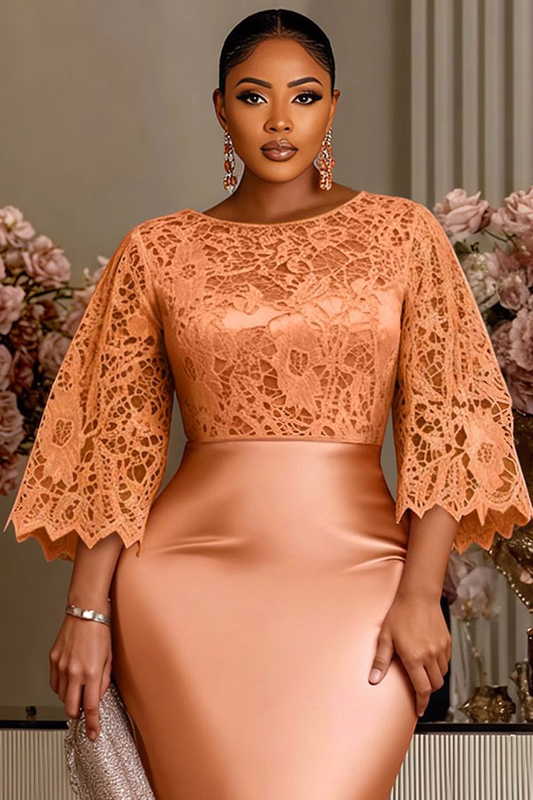 Rose Gold Round Neck Flare 3/4 Sleeve Split Satin Midi Dress