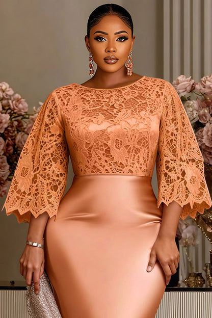 Rose Gold Round Neck Flare 3/4 Sleeve Split Satin Midi Dress