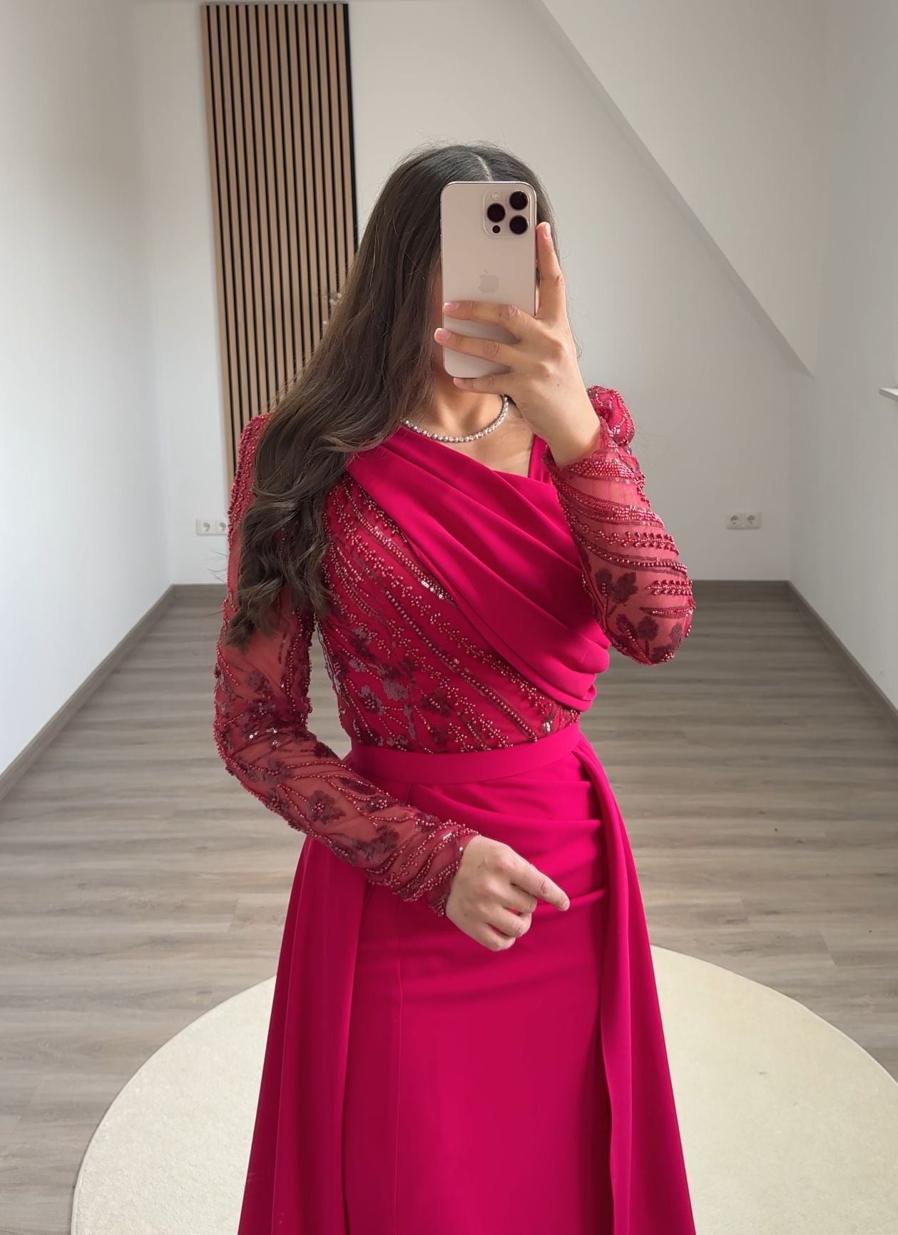 Fuchsia Long Sleeves Scoop Appliques Evening Dress