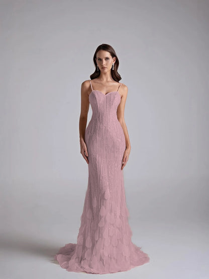 Spaghetti Straps Sleeveless Long Mermaid Prom Dress With Petals And Sequins