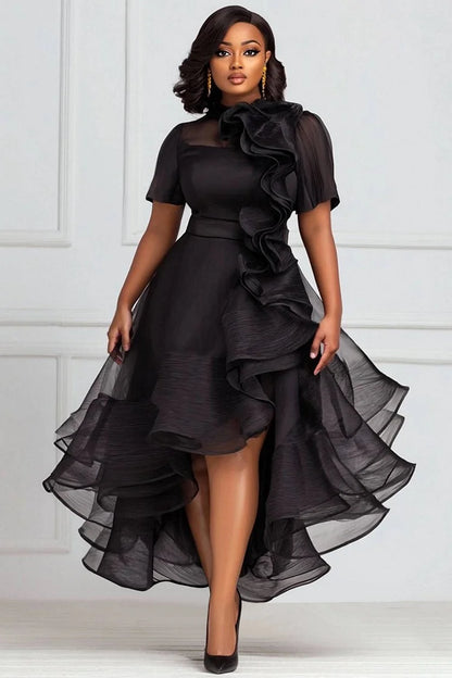 Cocktail Party Black Round Neck Short Sleeve Ruffle Elegant 3D Dress