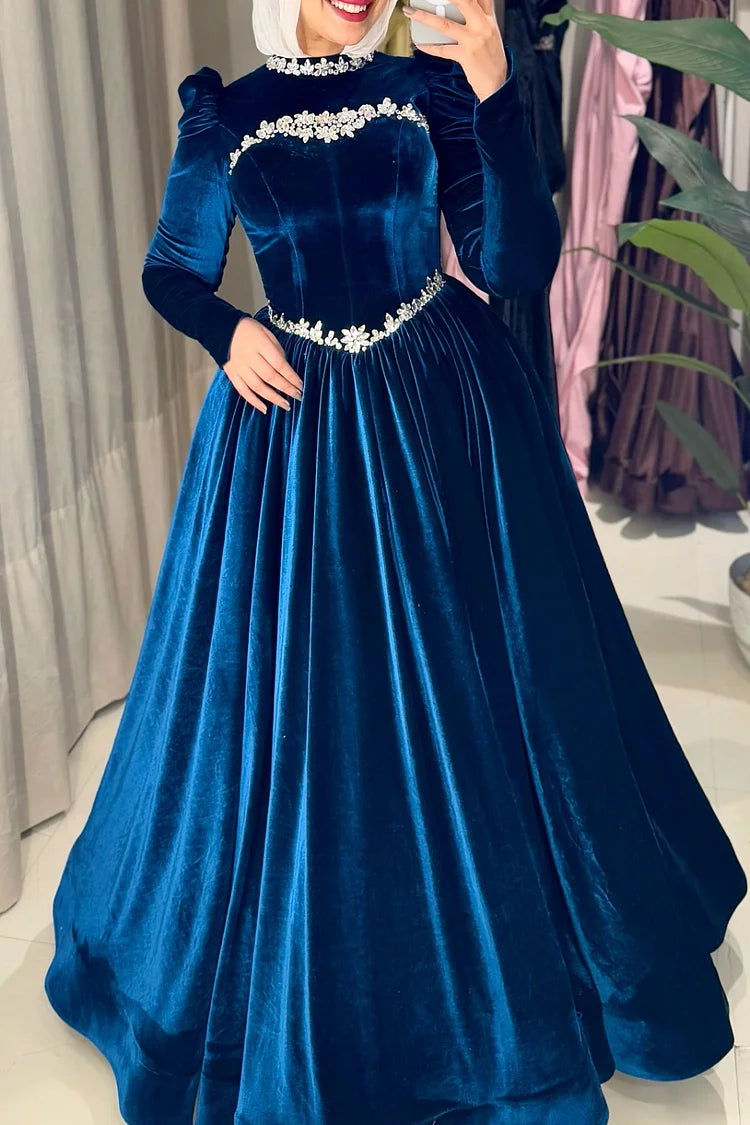 Rhinestone Corset Cinch Waist Mock Neck Party Maxi Dress