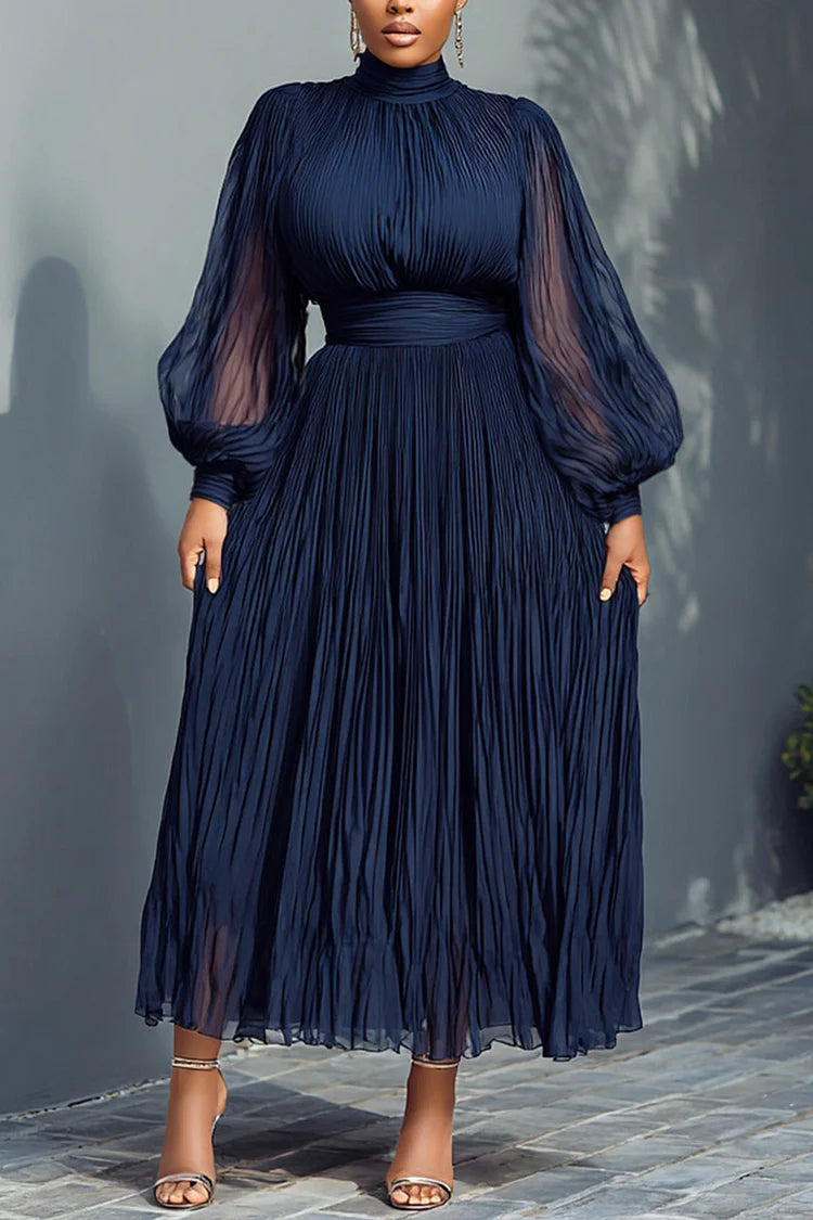 Mock Neck Lantern Sleeve Long Sleeve See Through Elegant Ruffled Midi Dress