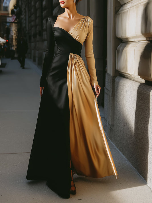 Black And Gold Asymmetric Long-Sleeve Evening Gown