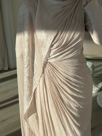 Beige Sheath High Neck Long Sleeves Ruched Evening Formal Dress