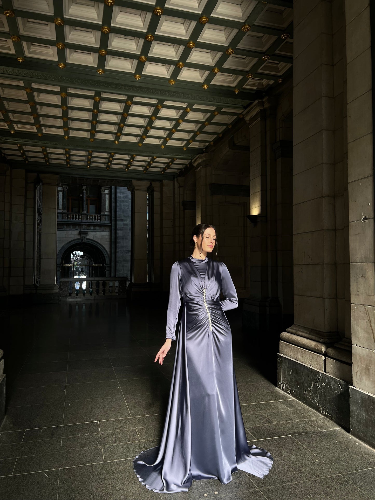 Dusty Blue Beaded Ruched Long Sleeves Evening Dress with Train