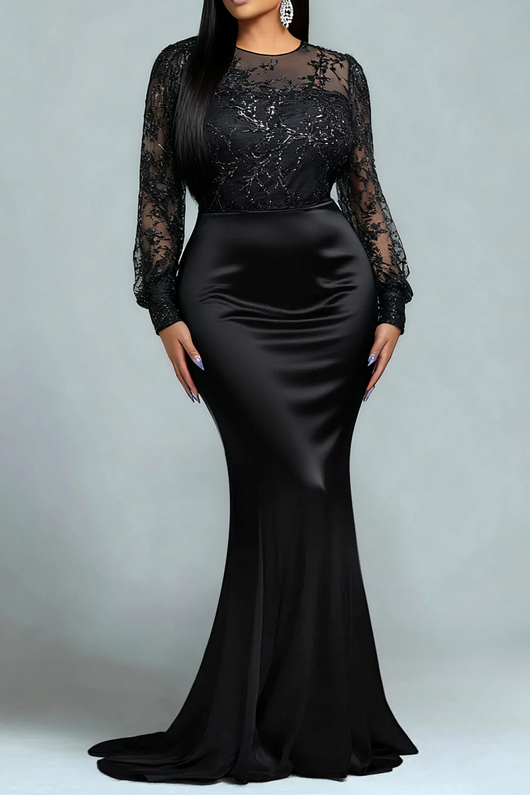 Formal Sequin Black Round Neck Puff Sleeve Long Sleeve Mermaid Maxi Dress