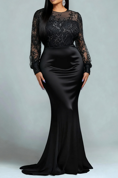 Formal Sequin Black Round Neck Puff Sleeve Long Sleeve Mermaid Maxi Dress