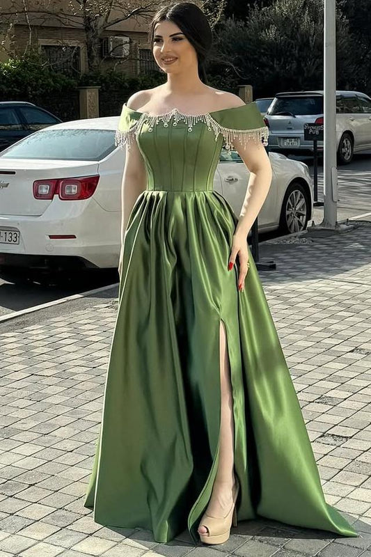 Off the Shoulder Sleeveless Long Split Prom Dress With Beading