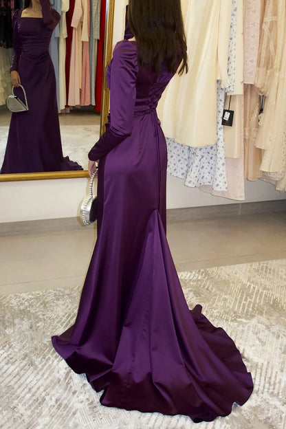 Square Neck Ruched Lace-Up Long Sleeve Party Maxi Dress