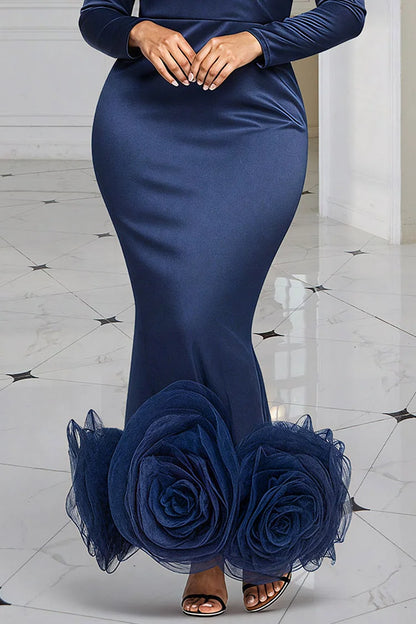 Formal Navy Blue Round Neck Long Sleeve 3D Elegant Mermaid Satin Maxi Dress
