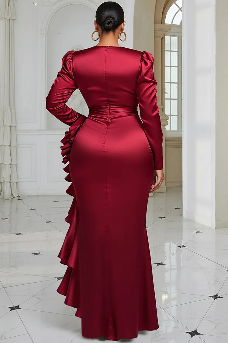 Christmas Red Wrap Neck Long Sleeve Ruffle Elegant Asymmetric Satin Maxi Dress