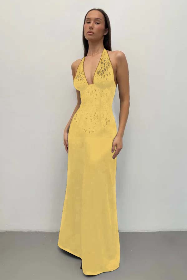 Halter Deep V-Neck Sleeveless Long Mermaid Prom Dress