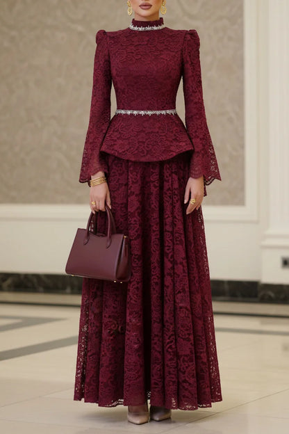 Rhinestone Embroidery Mock Neck Top Maxi Dress