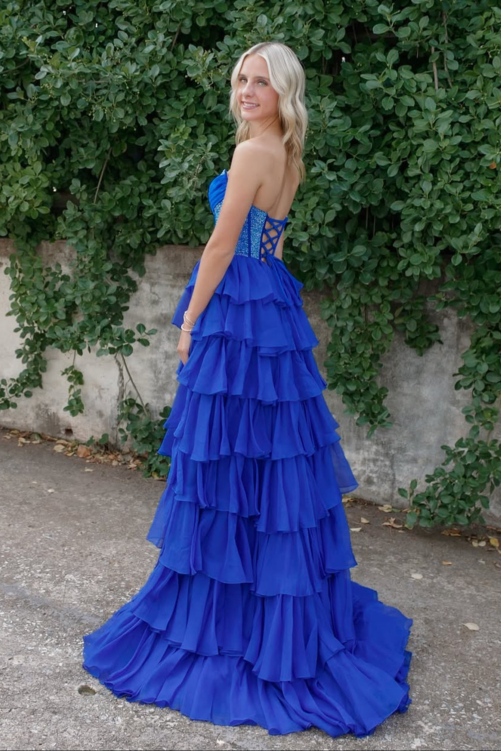 Gorgeous A Line Scoop Neck Royal Blue Tiered Chiffon Prom Dress with Hot Stone