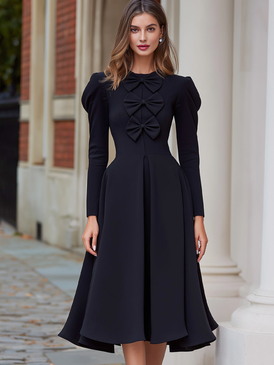 Bow-Detail Long Sleeve Midi Dress