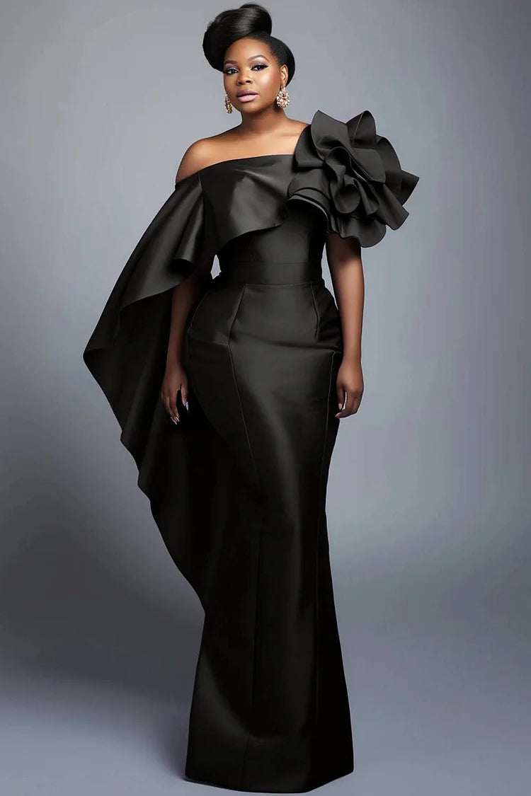 Formal Black Elegant Off The Shoulder 3D Bodycon Satin Maxi Dress