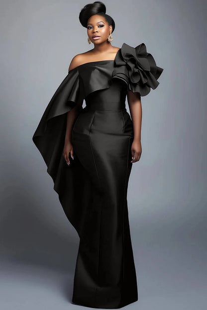 Formal Black Elegant Off The Shoulder 3D Bodycon Satin Maxi Dress
