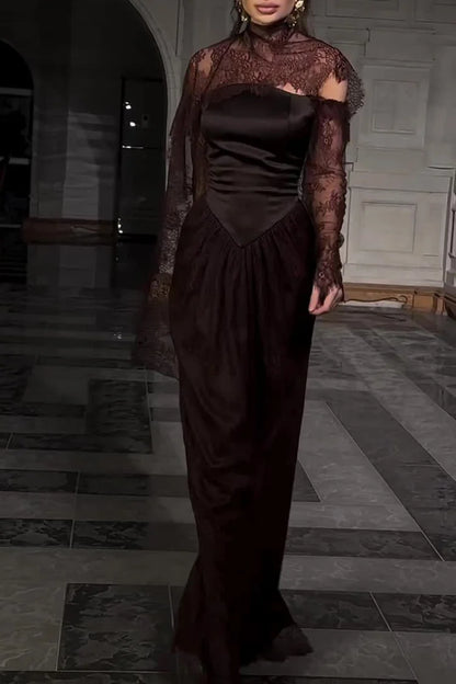 Lace Trim See Through High Neck Tied Slit Hem Maxi Dress