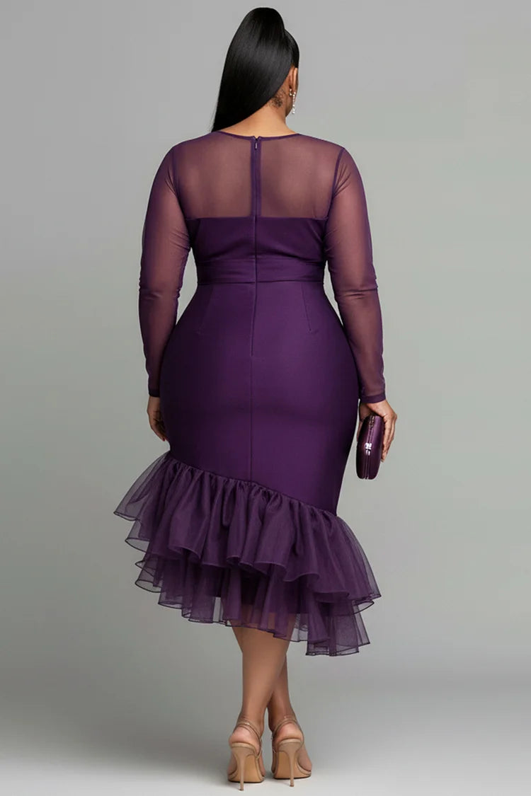 Cocktail Party Purple Round Neck Long Sleeve Ruffle Tulle Midi Dress