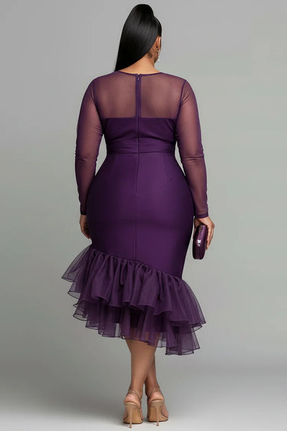 Cocktail Party Purple Round Neck Long Sleeve Ruffle Tulle Midi Dress