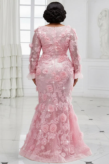 Formal Pink V Neck Long Sleeve 3D Elegant Mermaid Sequin Maxi Dress