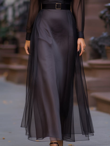 Sheer Mesh Overlay Maxi Shirt Dress