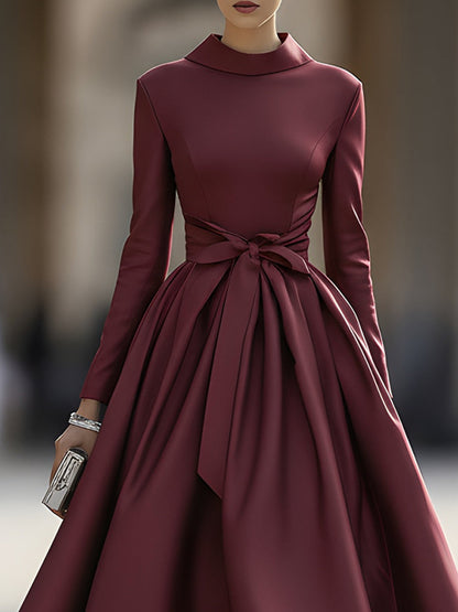 Burgundy High Neck Bow Detail Dress
