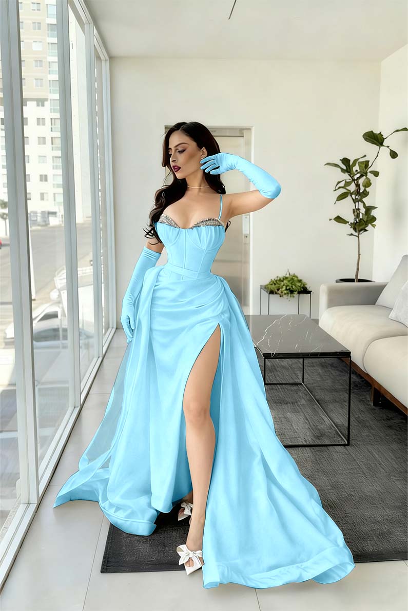 Spaghetti Strap Sleeveless Long Mermaid Prom Dress With Split Gloves