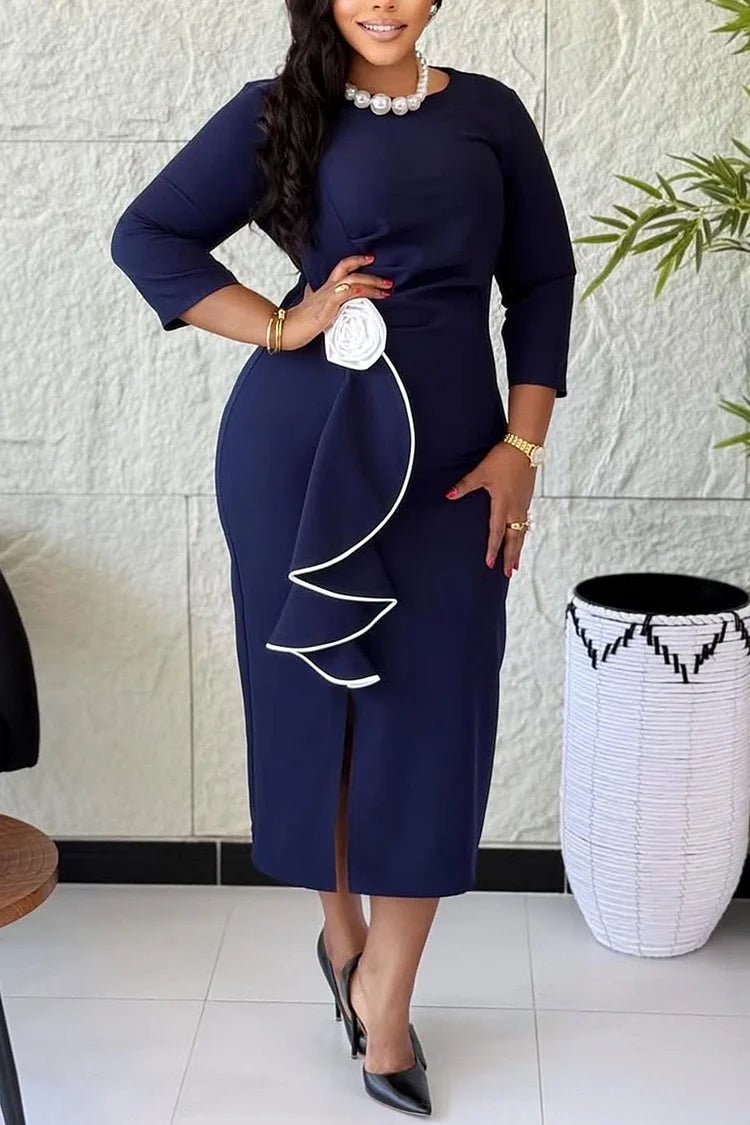 Navy Blue Round Neck 3/4 Sleeve 3D Elegant Ruffle Midi Dress