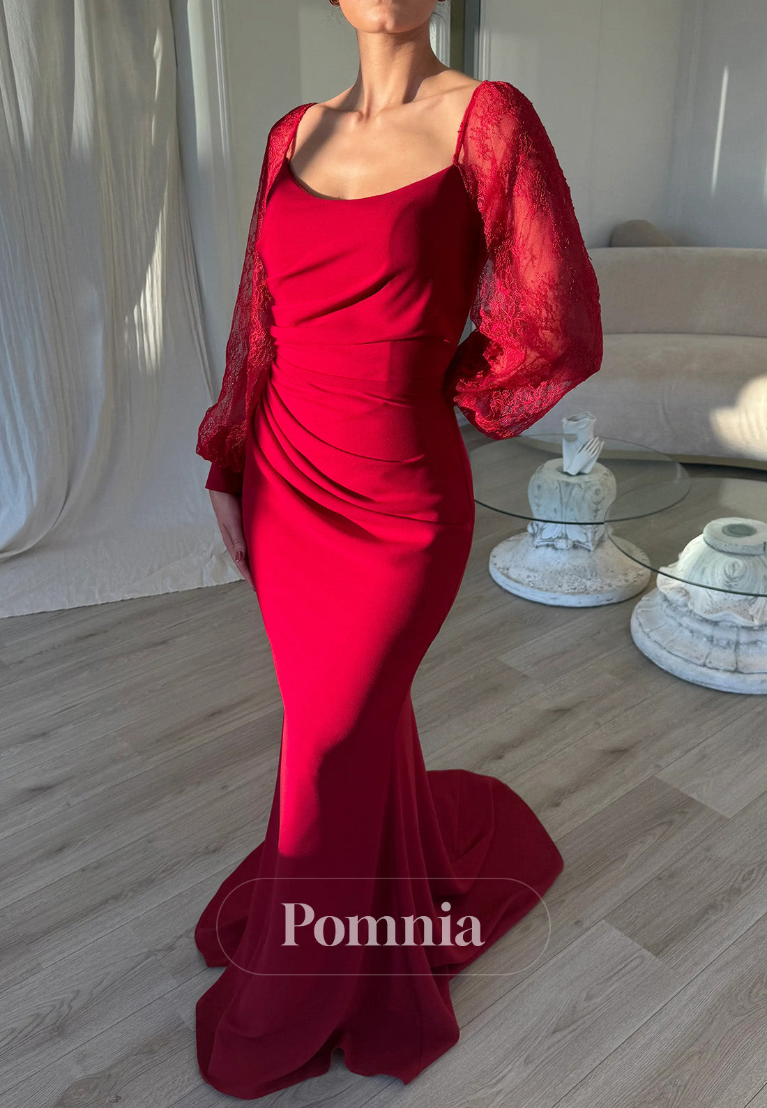 Long Sleeves Scoop Sheath Ruched Satin Prom Dress