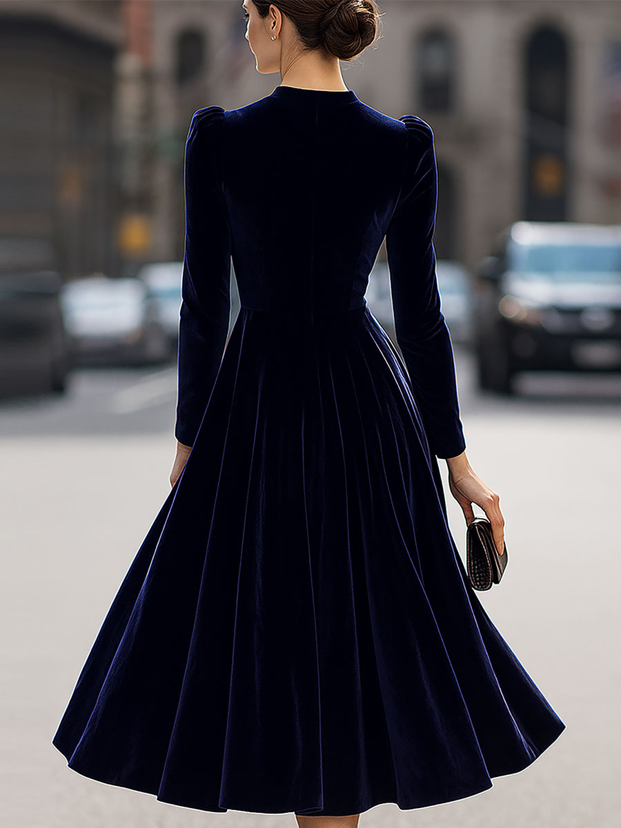 Luxurious   Velvet Long-Sleeve Midi Dress