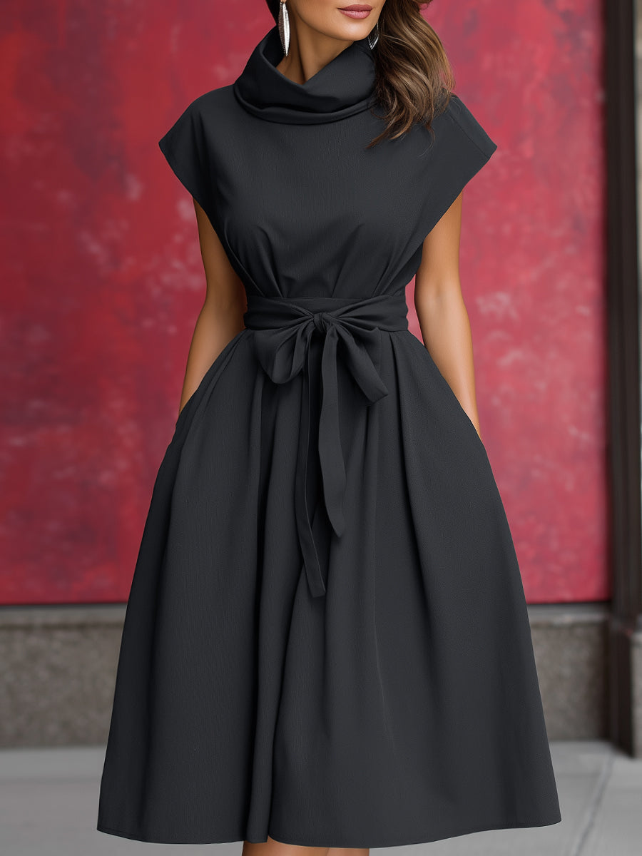 High-Neck Belted Midi Dress With Cap Sleeves