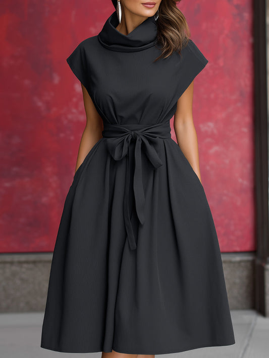 High-Neck Belted Midi Dress With Cap Sleeves