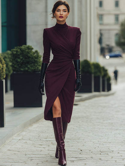 Deep Burgundy Draped Wrap Midi Dress