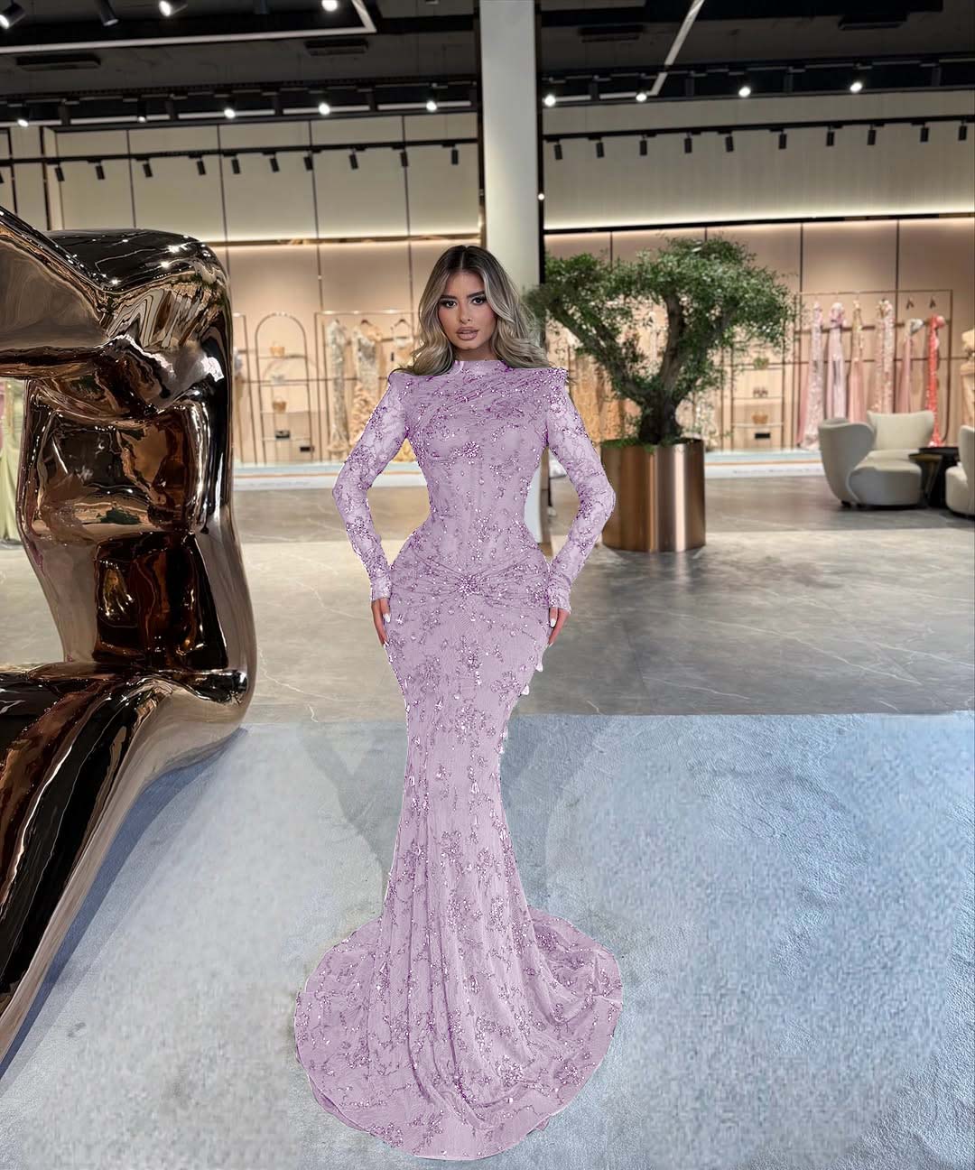 High Neck Long Sleeves Long Mermaid Prom Dress With Beading Pleated