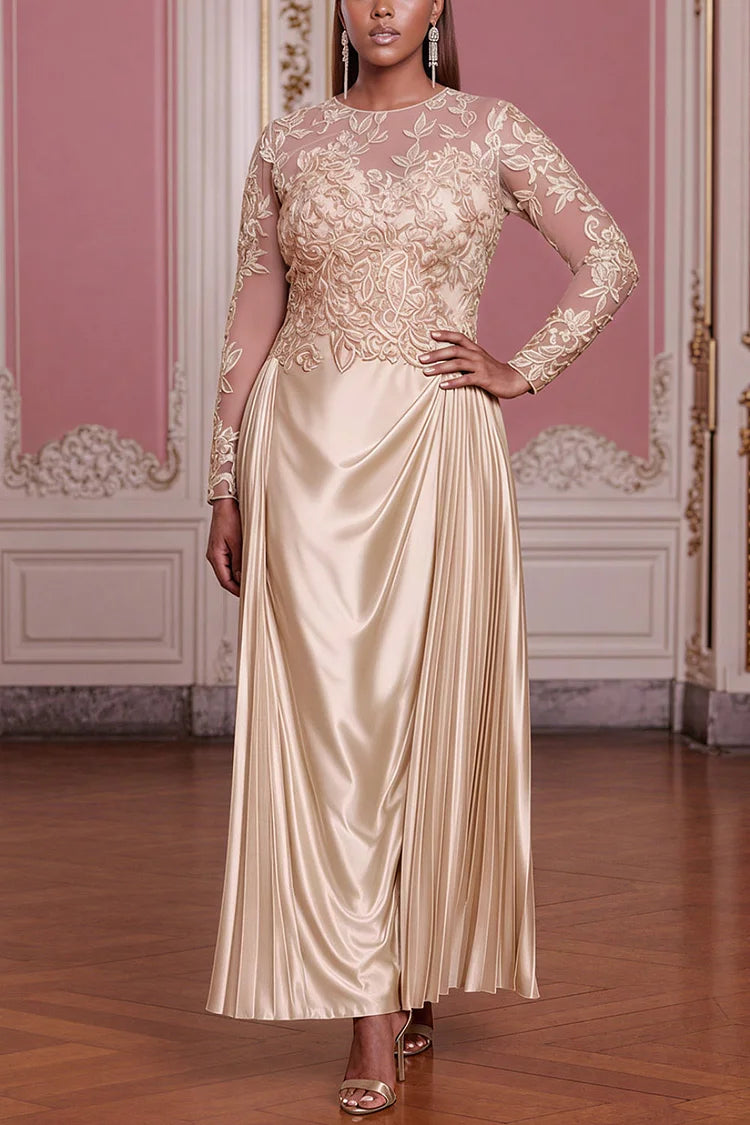 Formal Champagne Round Neck Long Sleeve See Through Midi Dress