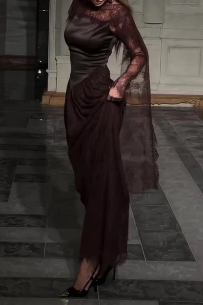 Lace Trim See Through High Neck Tied Slit Hem Maxi Dress