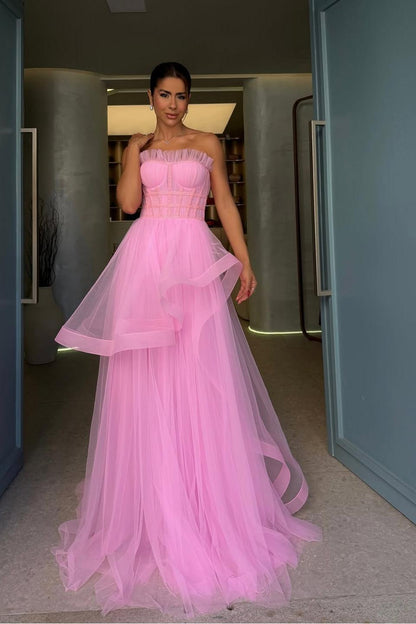 Hidais Chic Tulle Strapless Sleeveless Long Prom Dress With Pleated