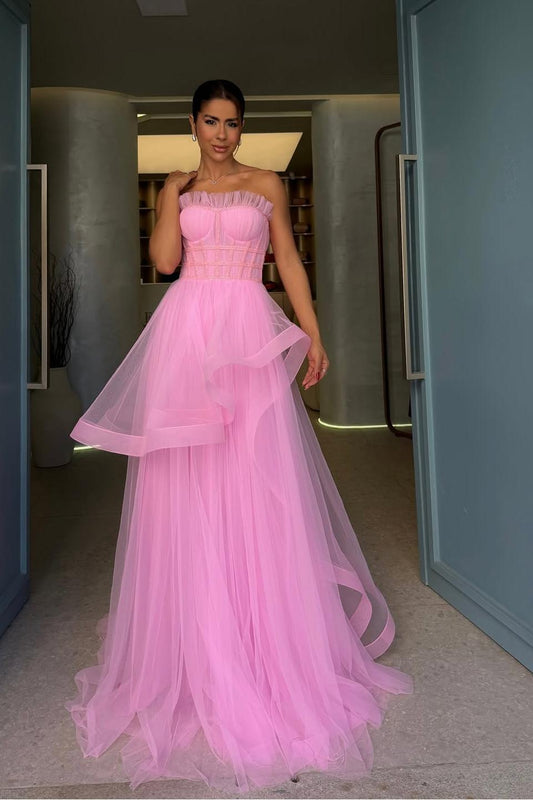 Hidais Chic Tulle Strapless Sleeveless Long Prom Dress With Pleated